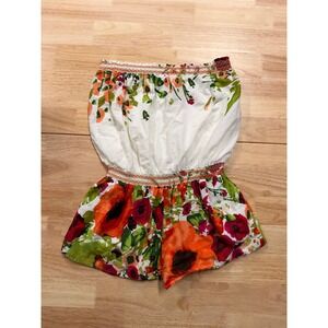 Y2K Boho Mini Strapless Smocked Romper Floral Beachy Resort Vacation Small